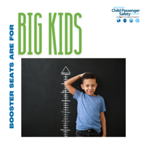 This is an image of a social media tile promoting that boosters are for big kids. The image shows a child against a measuring tool. 