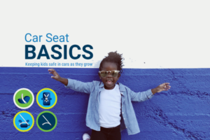 Product tile for Car Seat Basics Training with child in sunglasses leaning against a wall and car seat, booster seat and seat belt icons in bottom left corner